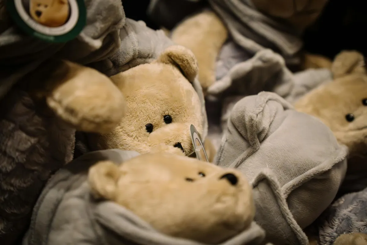 A handmade teddy bear on display